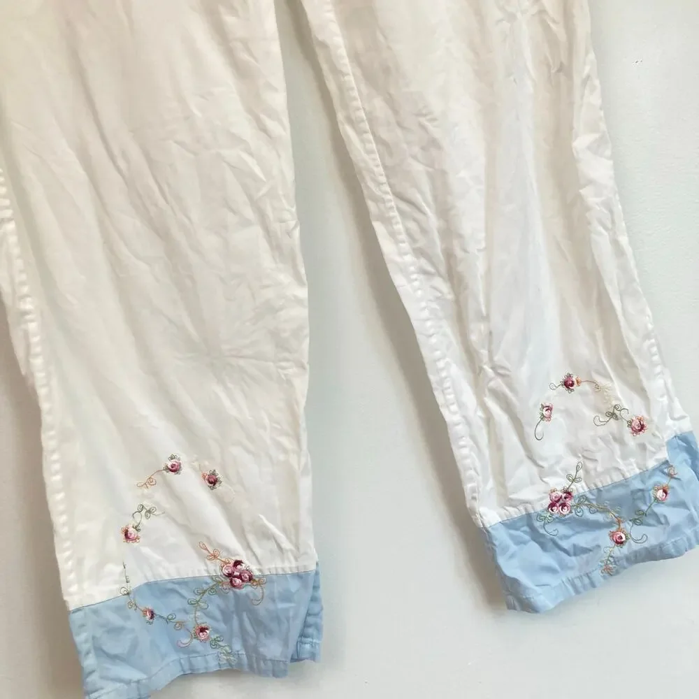 Julianna Rae Womens L Blue & White Floral Embroidered Cotton Pajama Sleep Set